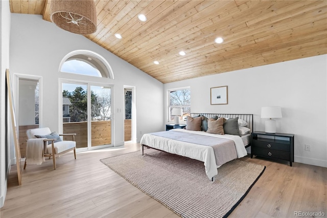 bedroom featuring wood ceiling, high vaulted ceiling, and light hardwood / wood-style floors