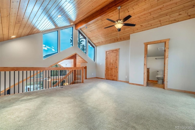 additional living space with high vaulted ceiling, carpet floors, ceiling fan, wooden ceiling, and beam ceiling