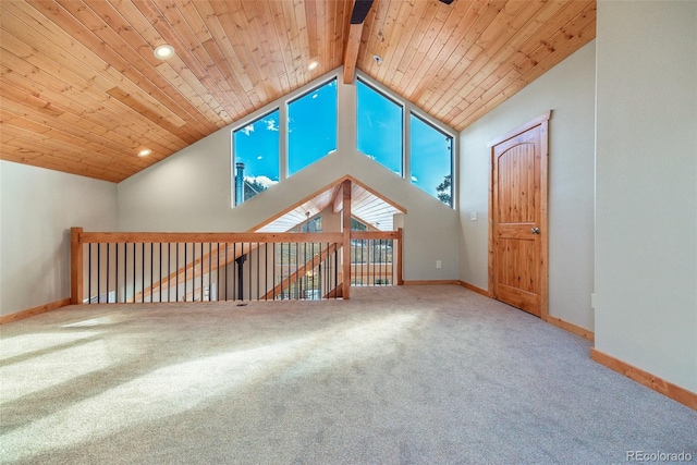 bonus room with beam ceiling, high vaulted ceiling, carpet, and wood ceiling