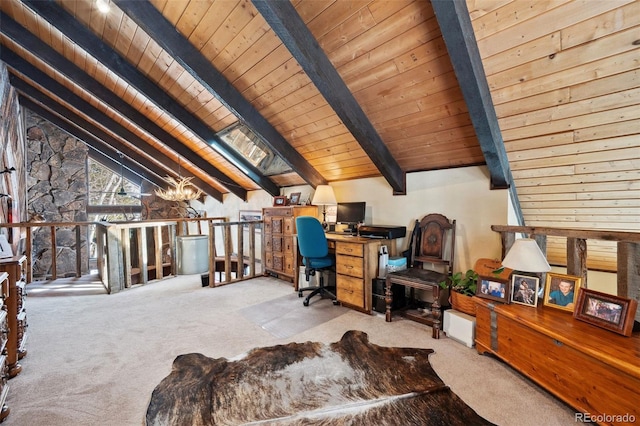 266 Lodgepole Dr, Evergreen, CO 80439 - office featuring lofted ceiling with beams, a notable chandelier, wood ceiling, and light colored carpet
