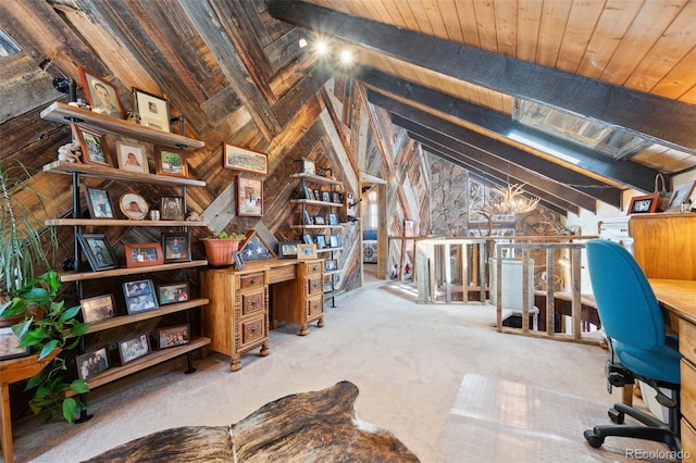 266 Lodgepole Dr, Evergreen, CO 80439 - carpeted home office with lofted ceiling and wooden ceiling