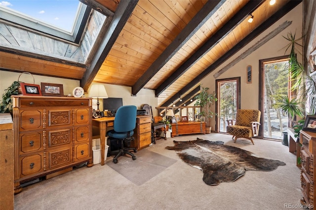 266 Lodgepole Dr, Evergreen, CO 80439 - carpeted home office featuring wood ceiling and vaulted ceiling with skylight