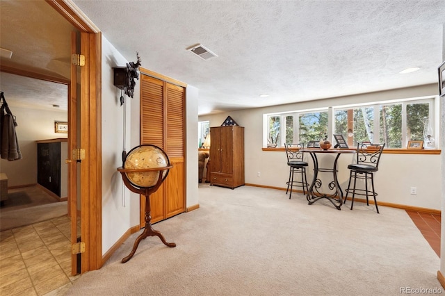 266 Lodgepole Dr, Evergreen, CO 80439 - interior space with baseboards, visible vents, a textured ceiling, and light colored carpet
