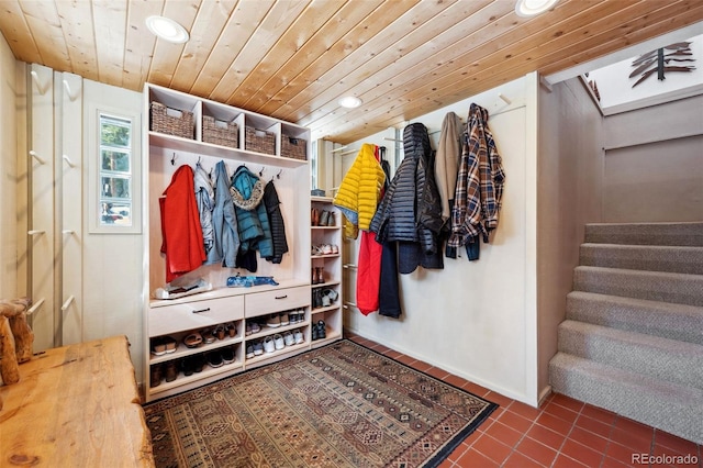266 Lodgepole Dr, Evergreen, CO 80439 - mudroom featuring dark tile patterned floors, wooden ceiling, and recessed lighting