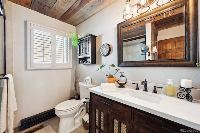 266 Lodgepole Dr, Evergreen, CO 80439 - bathroom featuring visible vents, toilet, wooden ceiling, tile patterned flooring, and vanity