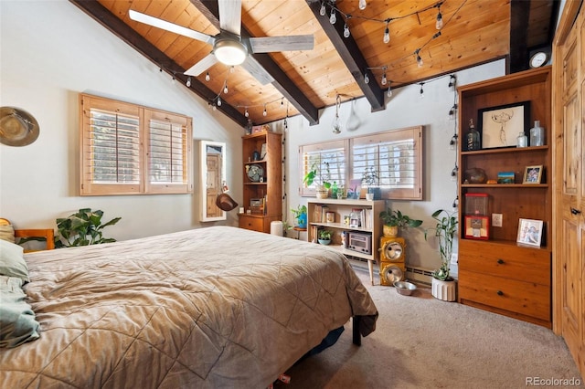 266 Lodgepole Dr, Evergreen, CO 80439 - bedroom with vaulted ceiling with beams, a baseboard heating unit, carpet flooring, and wood ceiling