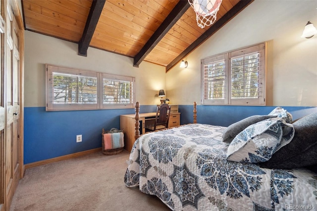 266 Lodgepole Dr, Evergreen, CO 80439 - carpeted bedroom with vaulted ceiling with beams, wooden ceiling, and baseboards