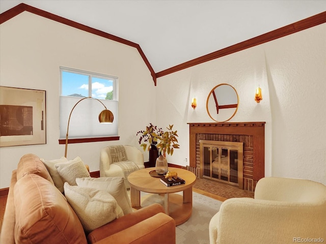 1247 Dexter St, Denver, CO 80220 - living area with lofted ceiling, ornamental molding, a brick fireplace, and wood finished floors