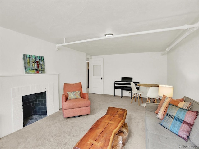 1247 Dexter St, Denver, CO 80220 - living area with carpet floors and a fireplace