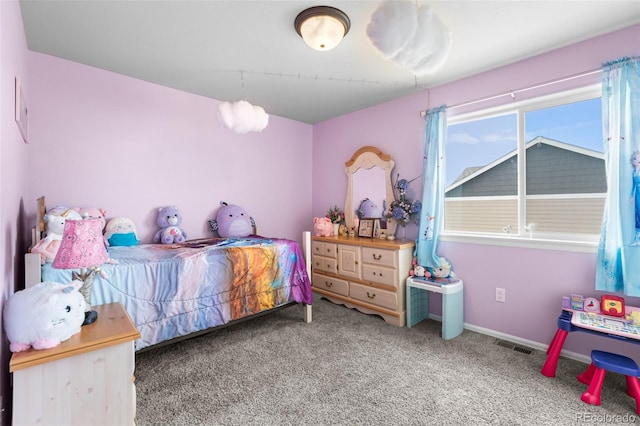 bedroom featuring carpet floors, baseboards, and visible vents