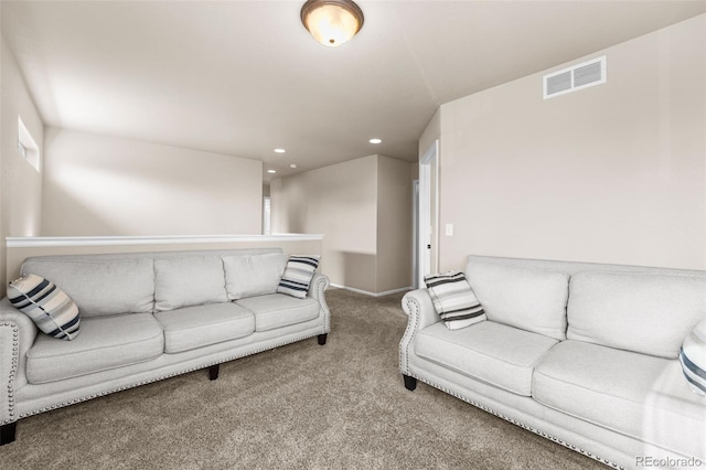living room featuring baseboards, carpet flooring, recessed lighting, and visible vents