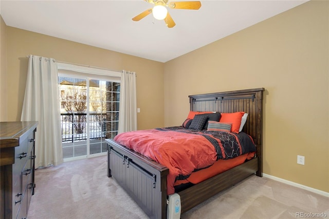 carpeted bedroom with ceiling fan and access to exterior