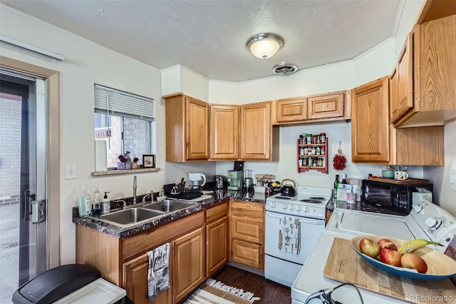 kitchen with brown cabinetry, visible vents, white electric stove, a sink, and black microwave