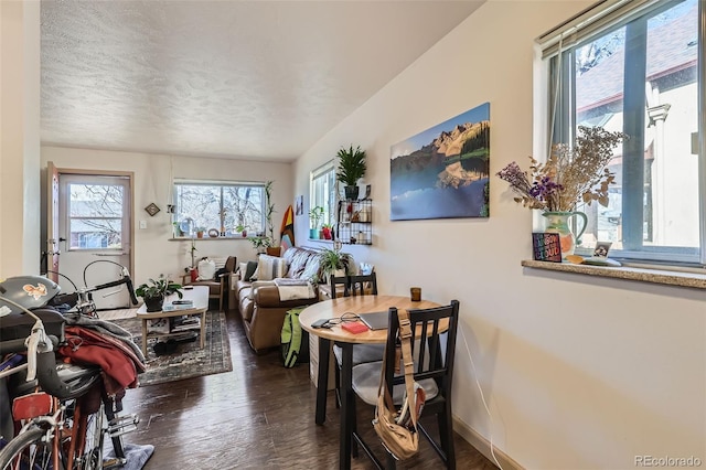 dining space featuring dark wood finished floors, baseboards, and a textured ceiling