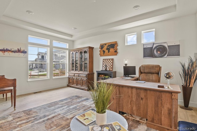 16002 E 111th Cir, Commerce City, CO 80022 - office area with a raised ceiling, plenty of natural light, light wood-type flooring, and baseboards