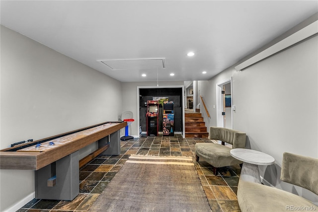 6549 Modoc Ln, Evergreen, CO 80439 - game room featuring stone tile floors, attic access, and recessed lighting
