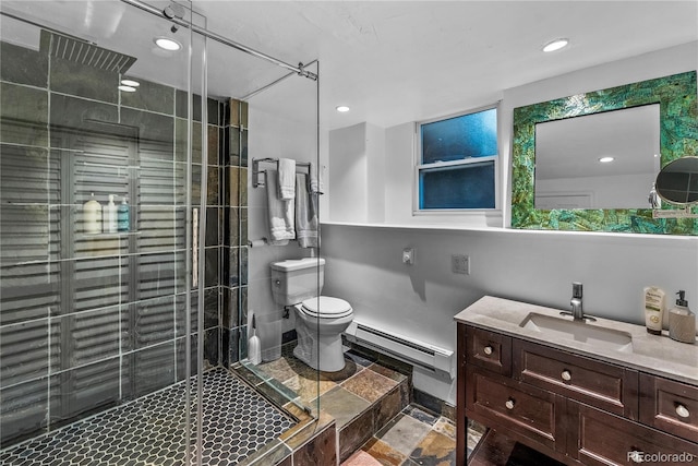 6549 Modoc Ln, Evergreen, CO 80439 - full bath featuring baseboard heating, vanity, a stall shower, and recessed lighting