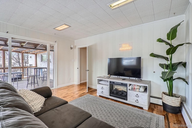 living room with wood finished floors, baseboards, and a baseboard radiator