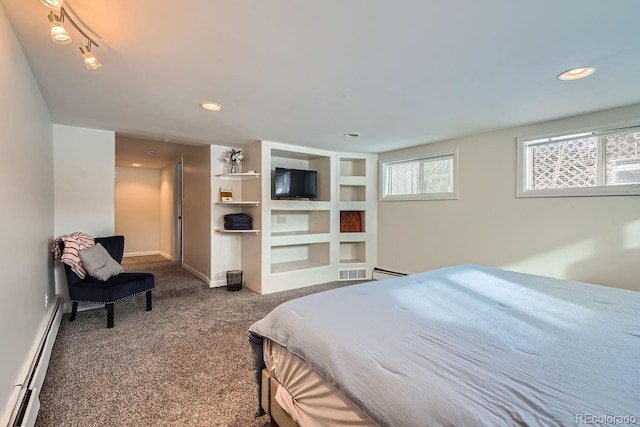 bedroom featuring recessed lighting, baseboard heating, carpet flooring, and baseboards