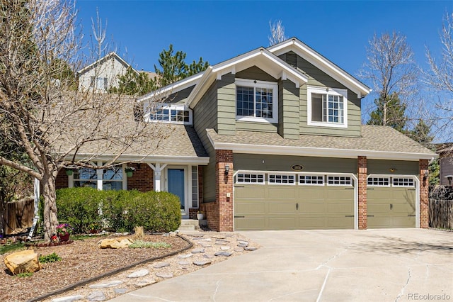 craftsman inspired home with brick siding, concrete driveway, a garage, and a shingled roof