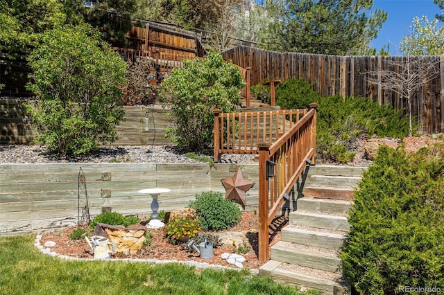 fenced backyard with stairs