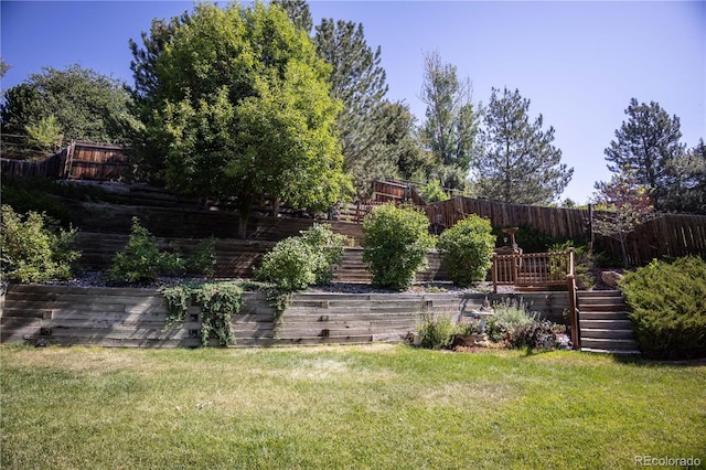 view of yard with stairs and a deck