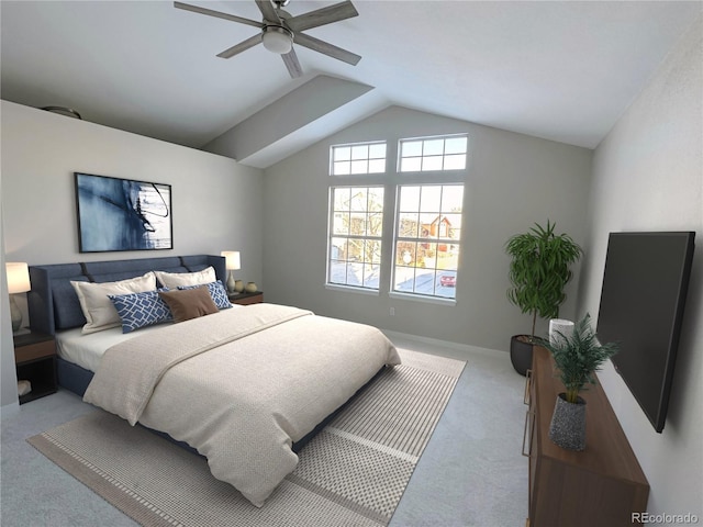 bedroom featuring light carpet, ceiling fan, and lofted ceiling