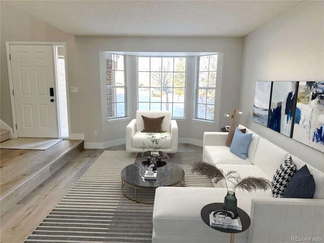 living room featuring hardwood / wood-style floors and a textured ceiling