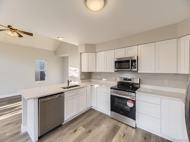 kitchen featuring kitchen peninsula, stainless steel appliances, sink, light hardwood / wood-style flooring, and white cabinetry