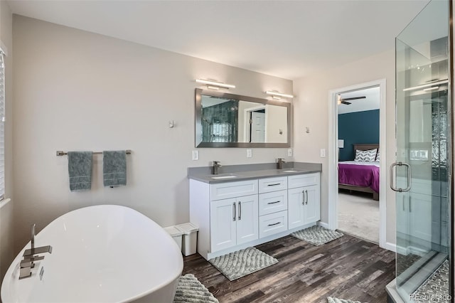 bathroom featuring double vanity, a stall shower, ensuite bathroom, a freestanding tub, and a sink