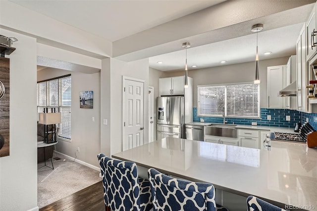 kitchen featuring stainless steel appliances, decorative backsplash, white cabinets, a sink, and under cabinet range hood