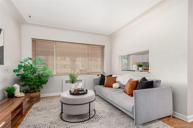 1454 Jersey St Unit 104, Denver, CO 80220 - living room with wood finished floors, baseboards, and radiator