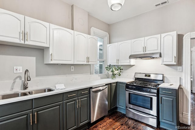 kitchen with white cabinets, appliances with stainless steel finishes, sink, and dark hardwood / wood-style flooring