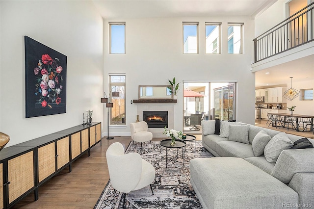 living area with a glass covered fireplace, a high ceiling, baseboards, and wood finished floors