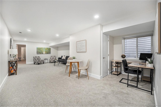 carpeted office featuring baseboards and recessed lighting