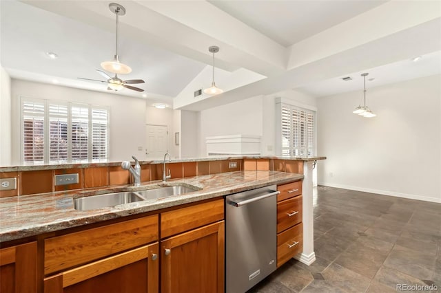 kitchen with a sink, hanging light fixtures, light stone countertops, dishwasher, and brown cabinetry