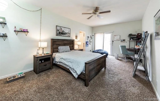 bedroom with carpet floors, access to exterior, baseboards, and a ceiling fan