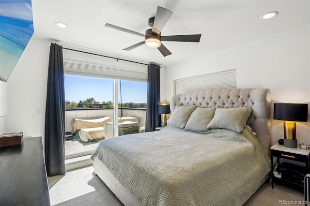 1299 Newton St, Denver, CO 80204 - carpeted bedroom with access to outside, a ceiling fan, and recessed lighting
