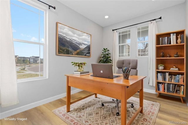 office area with baseboards, recessed lighting, and light wood-style flooring