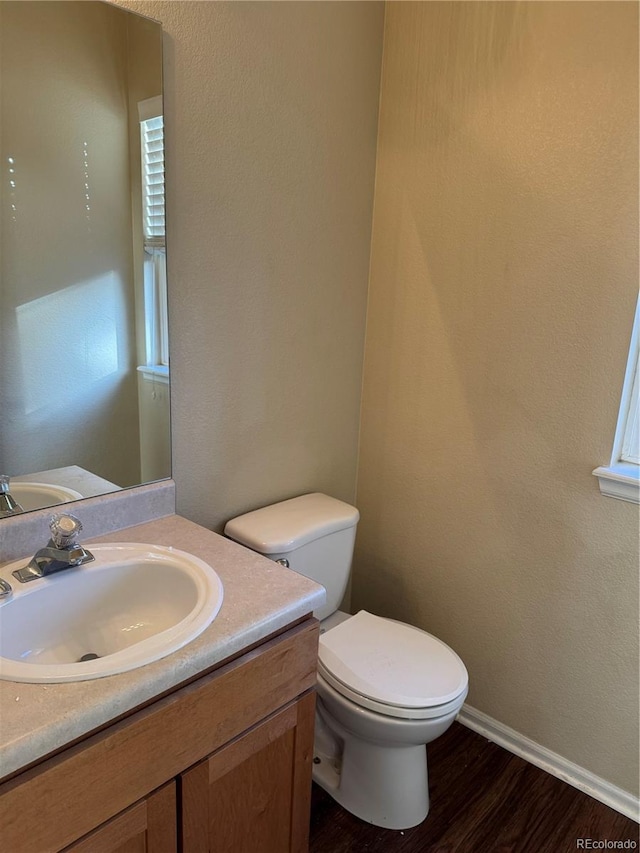 bathroom featuring vanity, toilet, and wood-type flooring