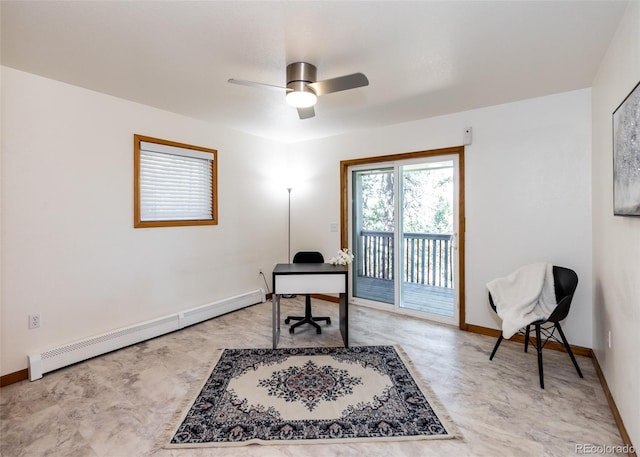630 Rock Creek Mesa Rd, Colorado Springs, CO 80926 - home office featuring a ceiling fan, baseboards, and baseboard heating