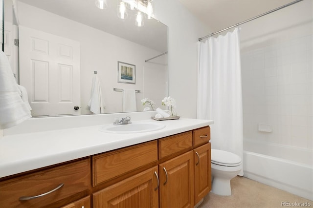 bathroom featuring shower / tub combo with curtain, vanity, and toilet