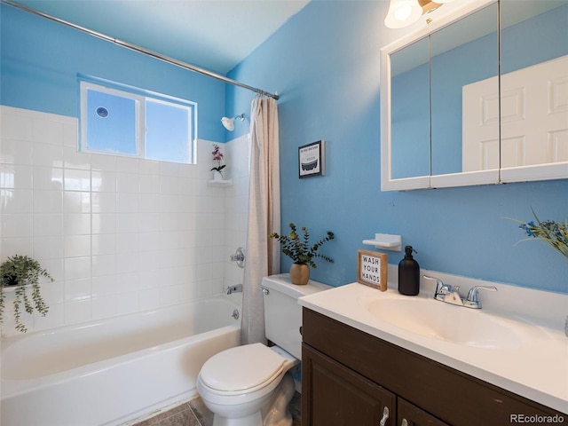 full bathroom with toilet, shower / bath combo with shower curtain, tile patterned floors, and vanity