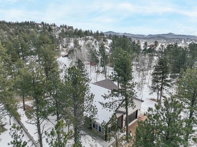 snowy aerial view featuring a mountain view