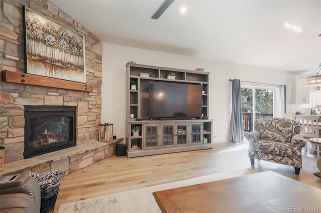 living room with hardwood / wood-style flooring and a stone fireplace