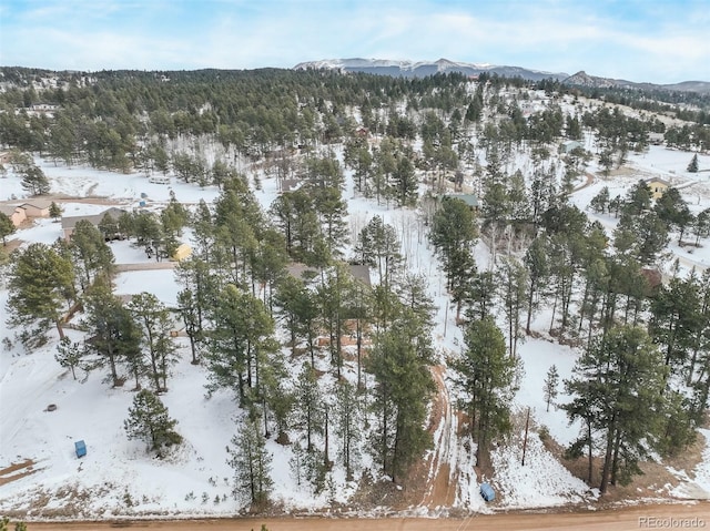 snowy aerial view with a mountain view