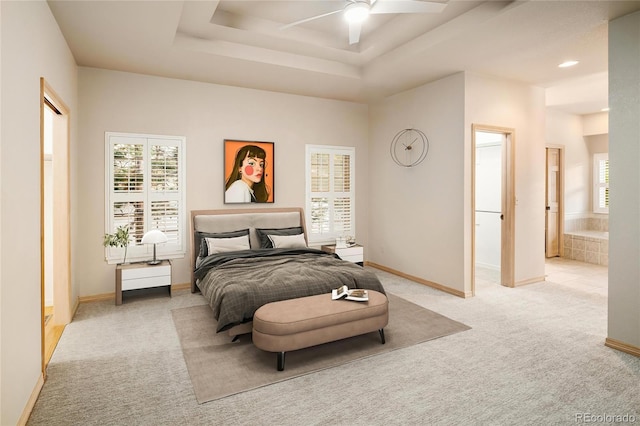 3231 Oak St, Wheat Ridge, CO 80033 - bedroom with carpet, a raised ceiling, ceiling fan, and connected bathroom