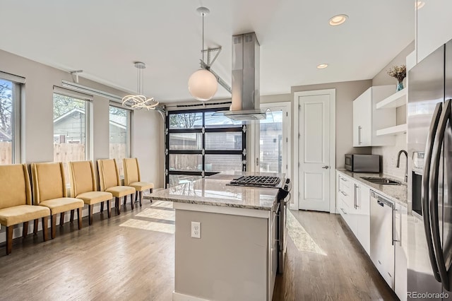 kitchen with appliances with stainless steel finishes, open shelves, a sink, island exhaust hood, and modern cabinets