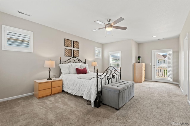 48 Mayflower Park Pl, Colorado Springs, CO 80905 - bedroom featuring light carpet, access to exterior, and ceiling fan
