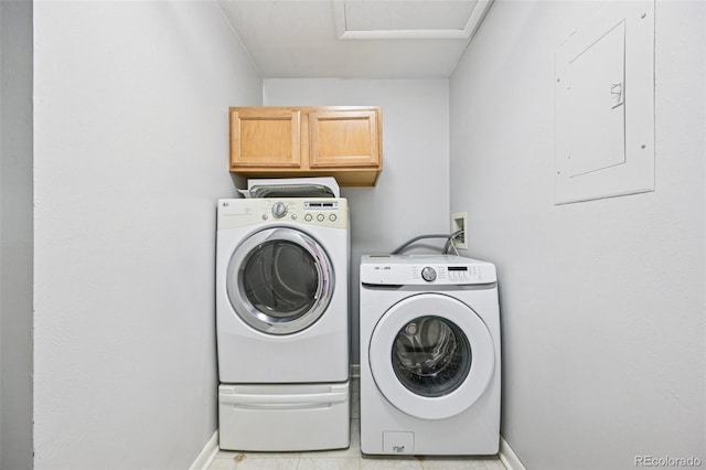 7825 Barbara Ann Dr Unit I, Arvada, CO 80004 - laundry area with electric panel, cabinet space, washing machine and dryer, and attic access